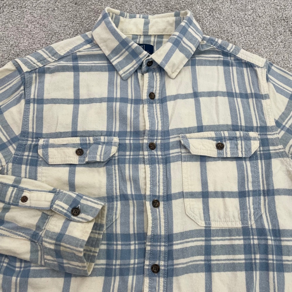 George Shirt Mens Medium Blue Cream Plaid Button-Down Long Sleeve